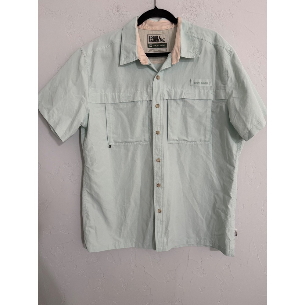 Eddie Bauer Sport Shop Short sleeve Shirt Mens L Light Blue Fishing Outdoor